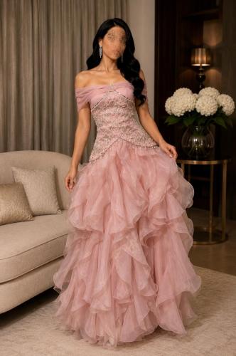 Pink dusty evening dress with a luxurious royal design