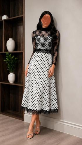 Eid dress midi white with black lace dots