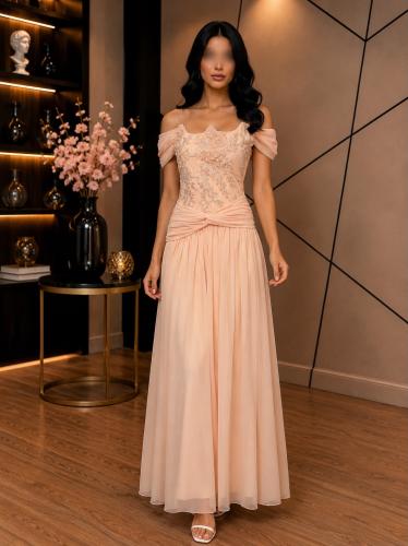 Pink peach evening dress embroidered with beads and three-dimensional flowers