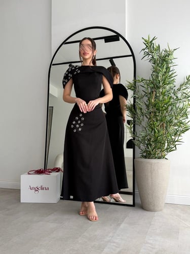 فستان اسود ميد ناعم قطعتين G253