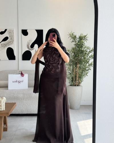 فستان طويل بني سهرة خرز G291