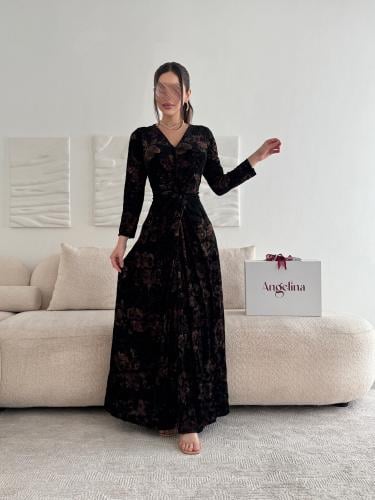 فستان طويل اسود مشجر G271