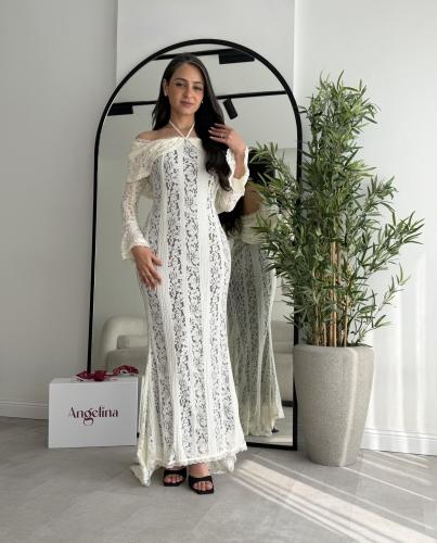 فستان ناعم طويل دانتيل سكري G233