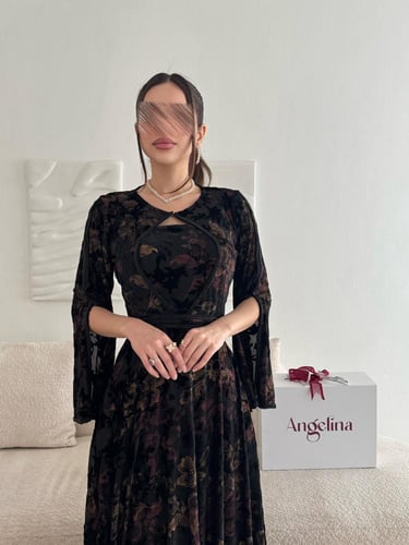 فستان طويل ناعم اسود مشجر G262