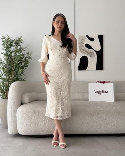 فستان بيج قصير دانتيل مشجر G243