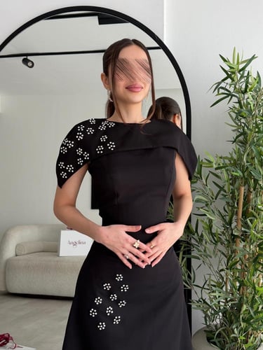 فستان اسود ميد ناعم قطعتين G253