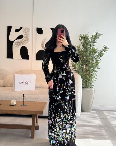 فستان اسود مخمل تطريز مشجر G128