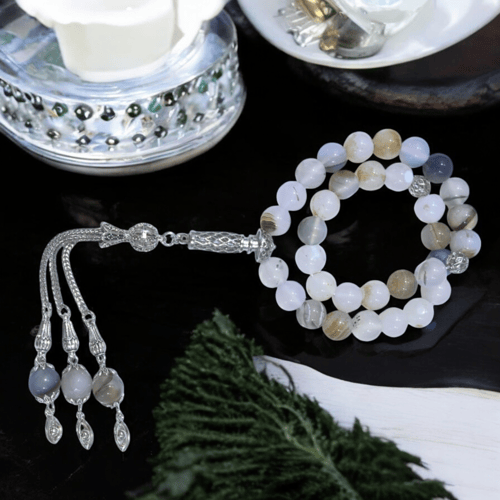 سبحه عقيق برازيلي ابيض مموج