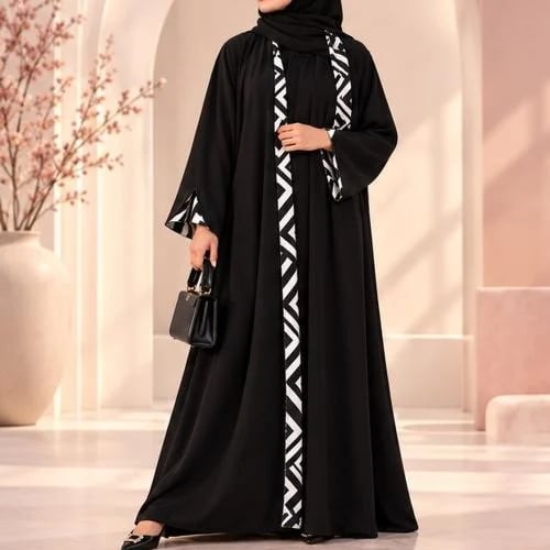 عباية دبل فيس سوداء بنقشة هندسية – مونو