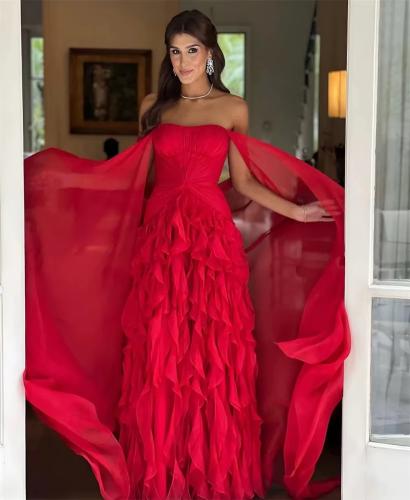 Red evening dress strapless and ruffled graduated