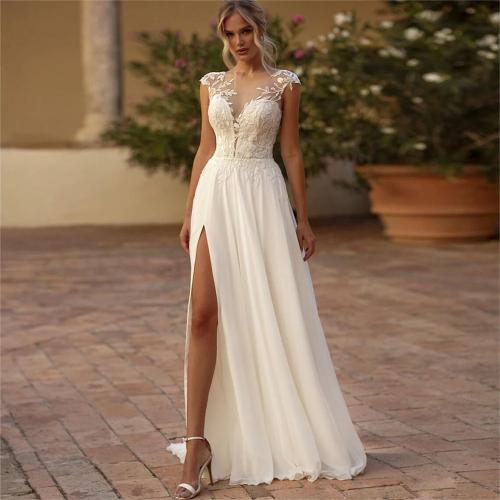 Elegant boho wedding dress with lace chiffon round neckline