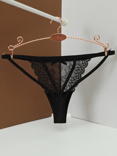 سروال داخلي دانتيل مفرغ شبه شفاف بتصميم V وفتحة خل...