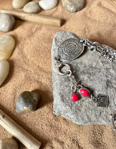 Arabic Silver Collection | Red Coral Bracelet with Spiritual Phrases – 925 Silver
