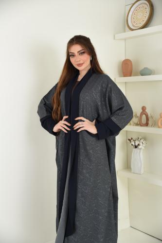 عباية نص بشت بلون رصاصي مشجر مع بندة واكمام كحلي