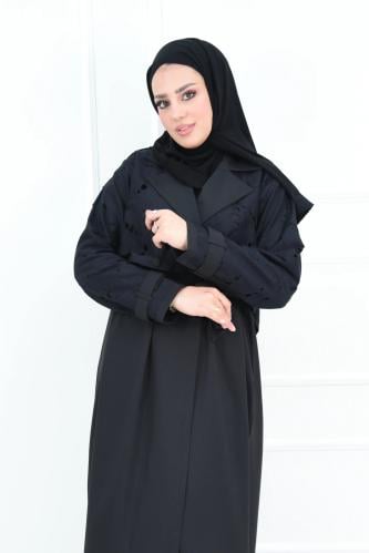 عباية بليزر سوداء كروازية بحزام