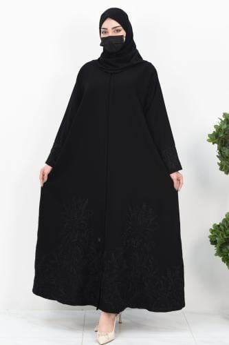 عباية سوداء بتطريز اسود لامع