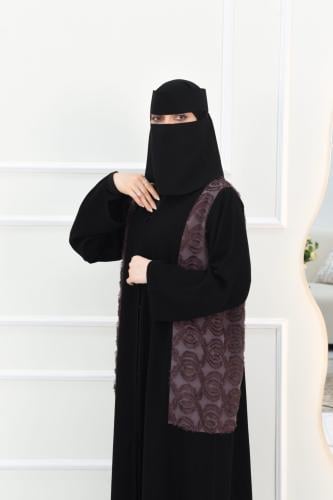 عباية بتصميم جانبي بقماش فرو باللون البني