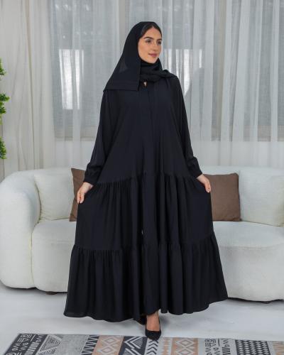 عباية كلوش سوداء طبقات وبأكمام زم