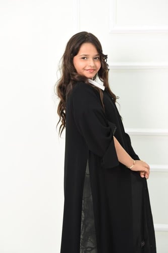 عباية بناتي بتفاصيل شيفون رمادي مشجر ناعمة