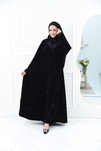 عباية مخمل ليزر سوداء بكول شال دانتيل