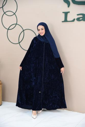 عباية مخمل ليزر مكسر بلون كحلي مع سحاب
