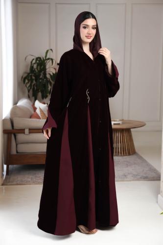 عباية شتوي مخمل برغندي بتطريز شك يدوي