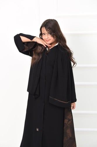 عباية بناتي بتفاصيل شيفون بني مشجر ناعمة