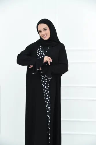 عباية دبل فيس بطبقتين منقط ابيض واسود والكم فرنسي