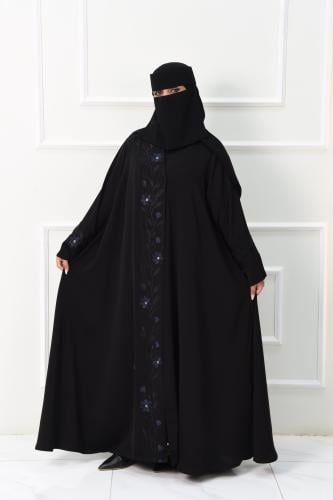 عباية روز أسود بتطريز على الصدر والأكمام