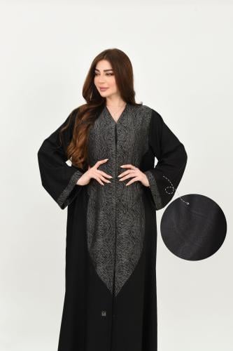 عباية سوداء جاكار بنقوش ناعمة بتفاصيل رمادية