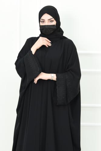 عباية نص بشت سوداء بتطريز على الأكمام
