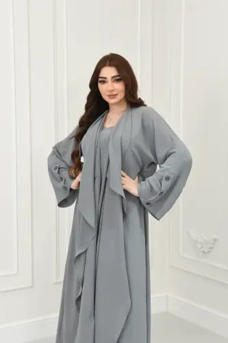 عباية رصاصي مفتوحة بطبقة داخلية مع كول شال طاير