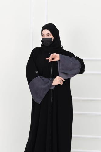 عباية سوداء بأكمام جاكار مفتوحة بلون رصاصي