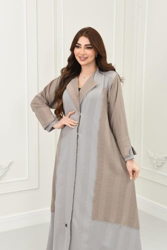 عباية أنيقة بالألوان الرمادي الفاتح والبيج بقماش م...