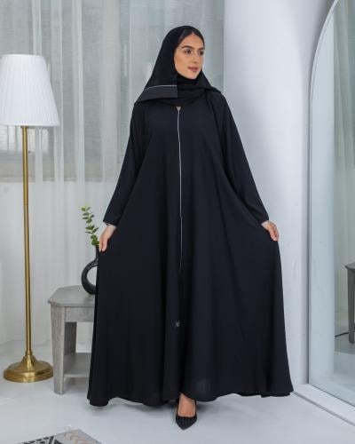 عباية كلوش سوداء مزينة بقيطان رمادي