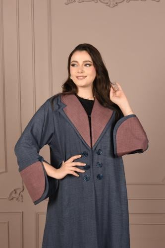 عباية بلون أزرق دينم بأكمام مفتوحة وكول ريفير مزدو...