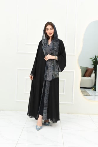 عباية دبل فيس شيفون لون: أسود | وتدرجات البني والك...