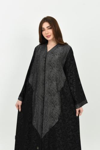عباية سوداء جاكار بنقوش بارزة بتفاصيل رمادية