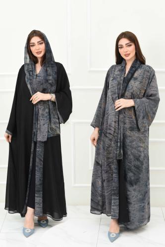 عباية دبل فيس شيفون لون: أسود | وتدرجات البني والك...