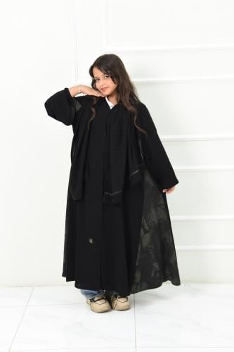 عباية بناتي بتفاصيل شيفون رمادي مشجر ناعمة