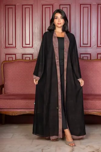 عباية دبل فيس شيفون – أسود وتاوب رخامي