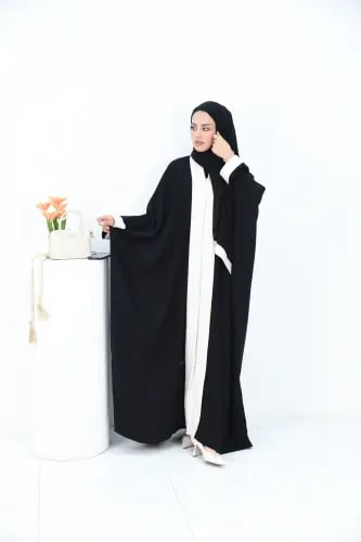 بشت عباية سوداء بباندة دبل كتان بيج