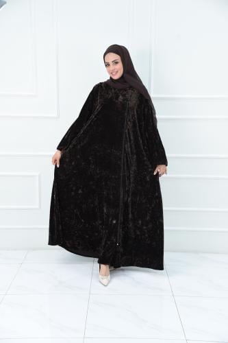 عباية مخمل ليزر مكسر بلون بني مع سحاب