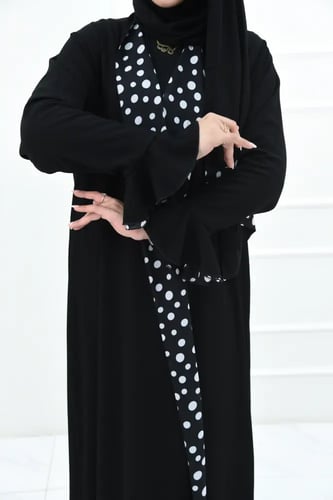 عباية دبل فيس بطبقتين منقط ابيض واسود والكم فرنسي