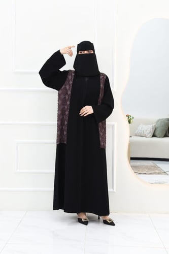 عباية بتصميم جانبي بقماش فرو باللون البني