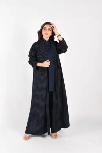 طقم عباية بليزر كحلي مقلم 3 قطع
