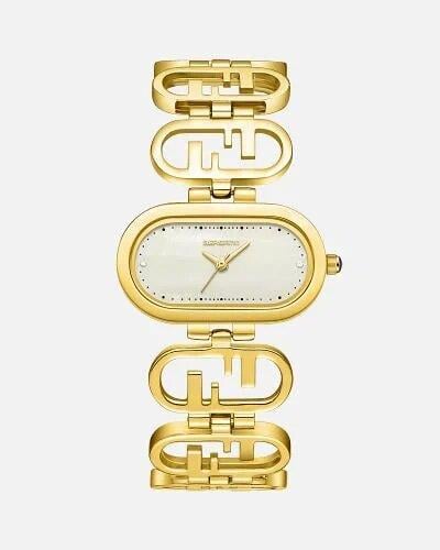 ساعة تشبه قطع الفن المعماري باللون الذهبي