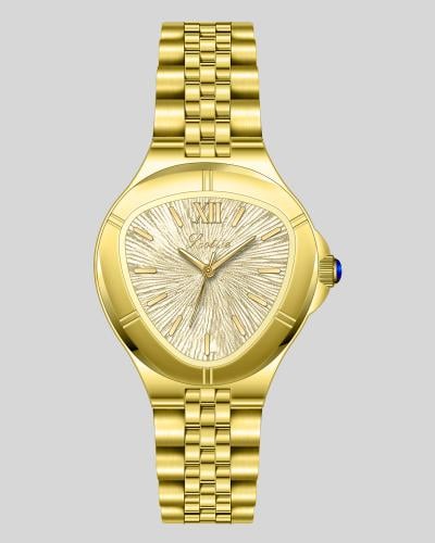 ساعة ملفتة بتفاصيلها باللون الذهبي