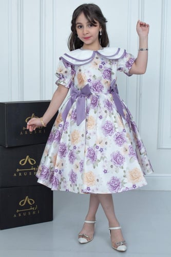 فستان ريما تفتة مشجرة ورود موف .. فستان بناتي