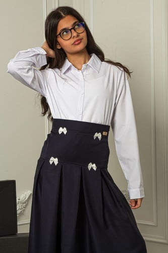 مريول طقم بلوزة وتنورة مدرسية راقية كحلي فيونكات ب...